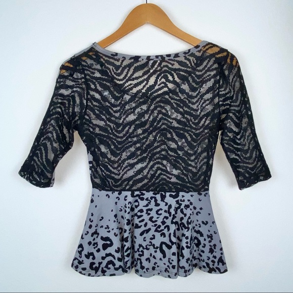 M NEW Dots Gray Black Leopard Print Half Sleeve Mesh Lace Back Peplum Tee Top - Picture 7 of 7